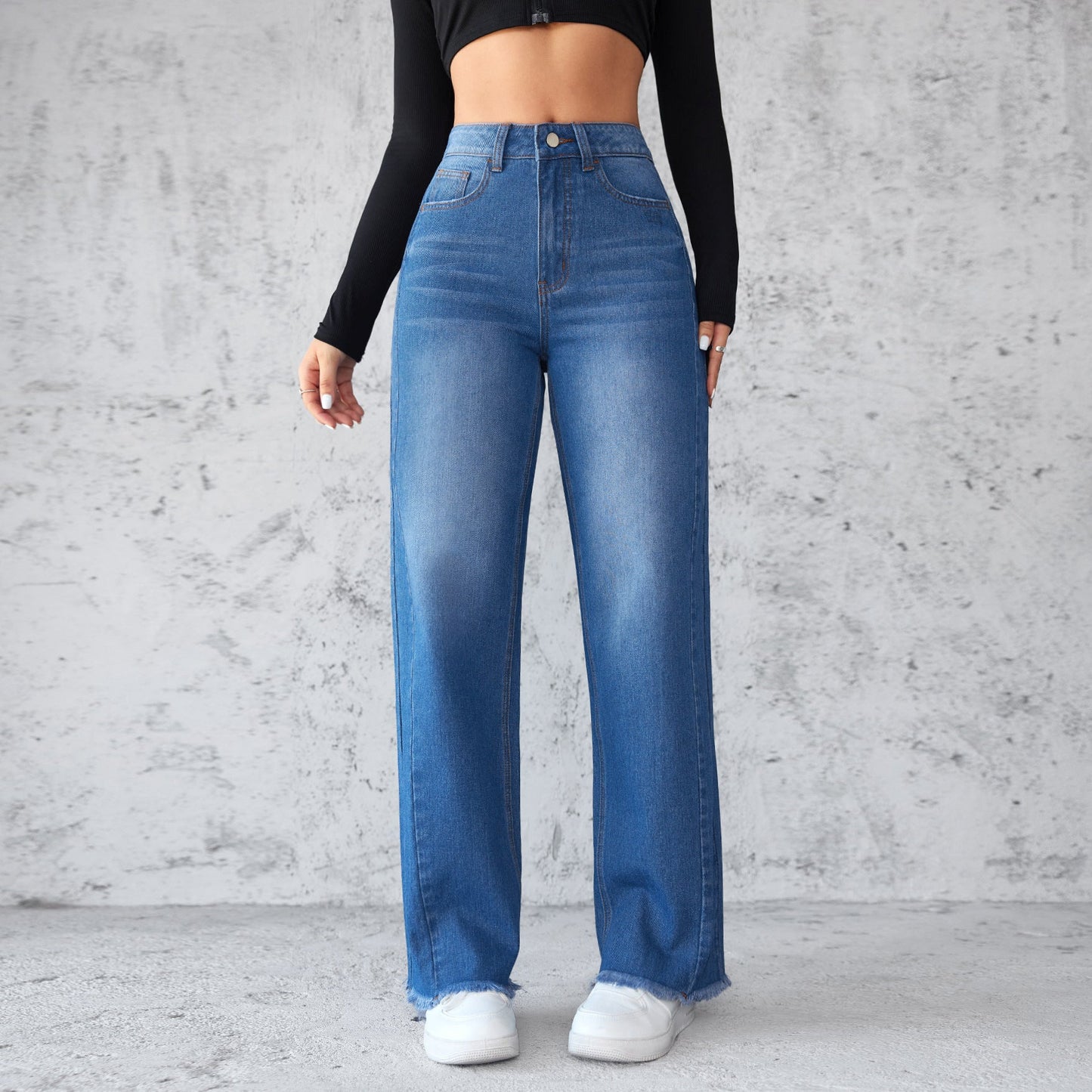 Fashion Straight Wide-leg Jeans Casual High-waist Non-elastic Womens