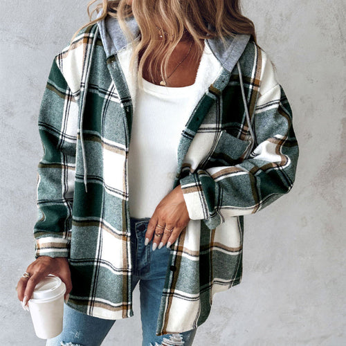 Plaid Hooded Jacket Fashion Casual Button Pocket Coat Autumn and Winter