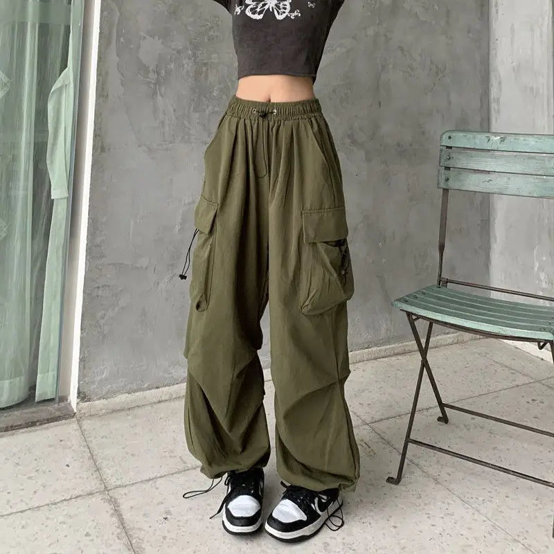 Women’s Black Cargo Jogger Pants – Wide Leg Tech Style with Drawstring Waist