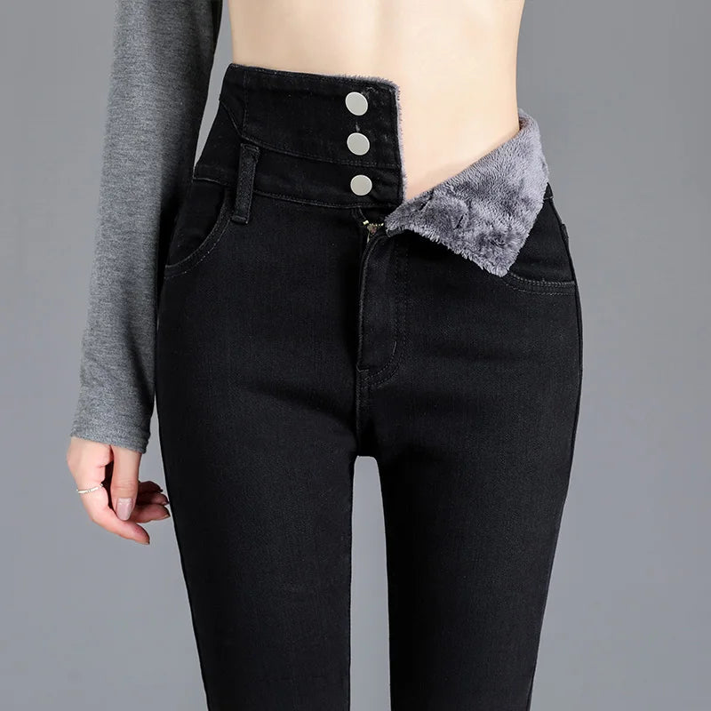 Women’s High-Waist Thermal Fleece Skinny Jeans – Winter Warm Denim Pants