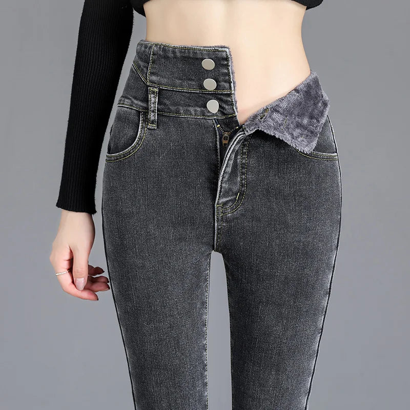 Women’s High-Waist Thermal Fleece Skinny Jeans – Winter Warm Denim Pants