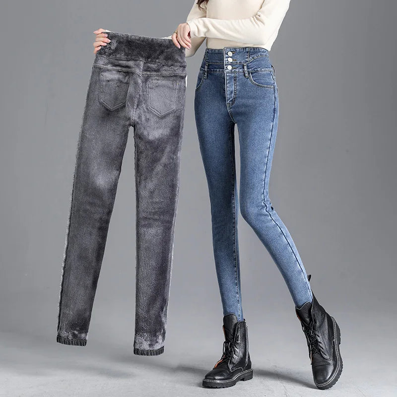 Women’s High-Waist Thermal Fleece Skinny Jeans – Winter Warm Denim Pants