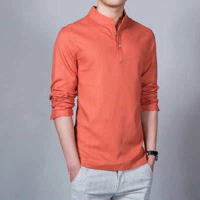 Men’s Slim Fit Linen Shirt, Stand Collar Long Sleeve Casual Top for Spring