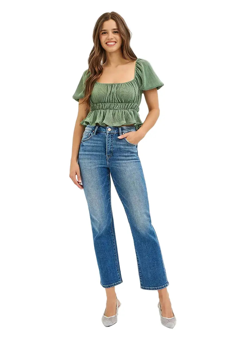 RISEN Tummy Control High Rise Crop Straight Jeans