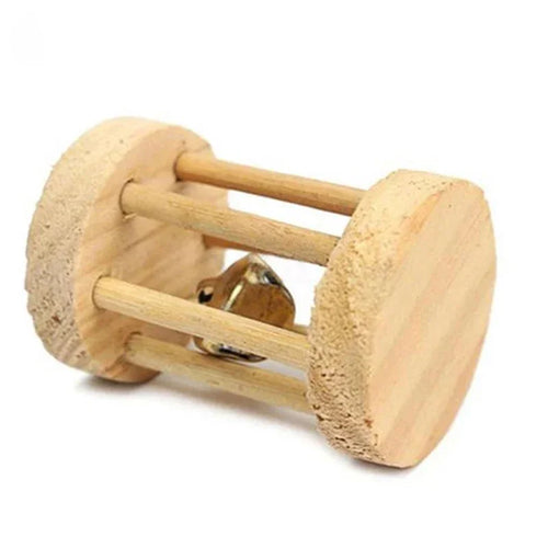 Wooden Rabbit Toy – Rolling Dumbbell with Bell for Chewing & Play