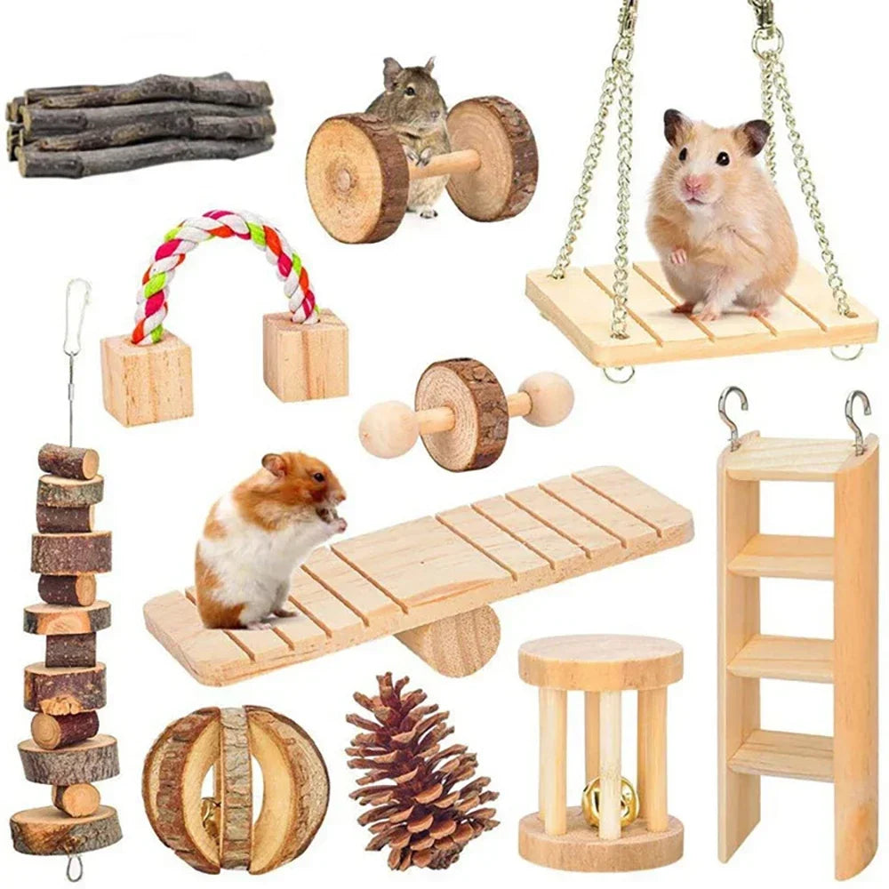 Wooden Rabbit Toy – Rolling Dumbbell with Bell for Chewing & Play