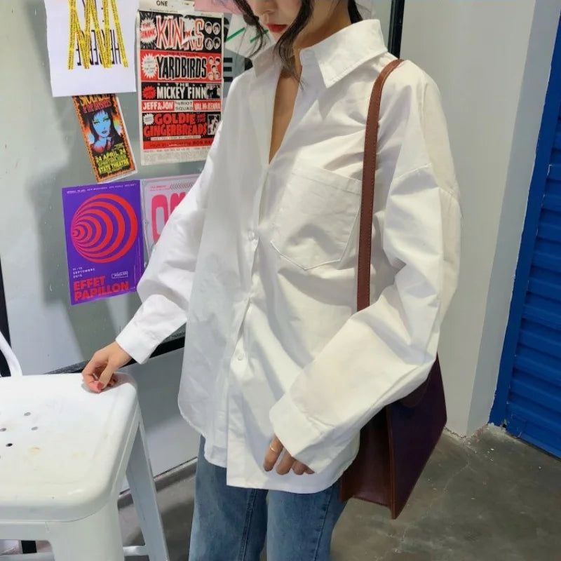 Women’s White Long Sleeve Blouse – Loose Fit Vintage Casual Shirt