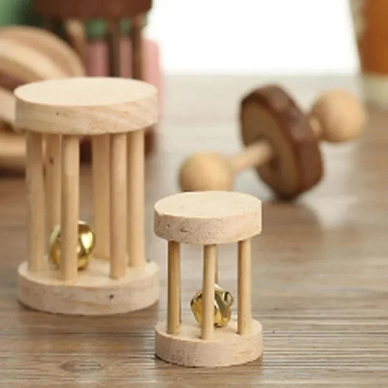 Wooden Rabbit Toy – Rolling Dumbbell with Bell for Chewing & Play