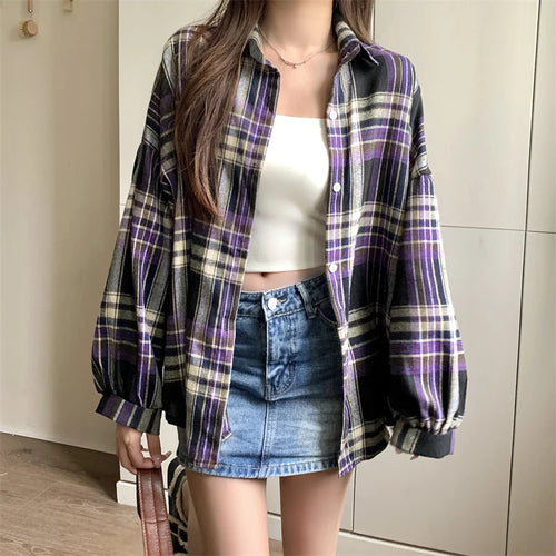 Women’s Plaid Button-Up Shirt – Long Sleeve Casual Vintage Style Top