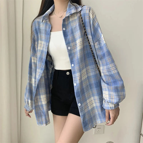 Women’s Plaid Button-Up Shirt – Long Sleeve Casual Vintage Style Top