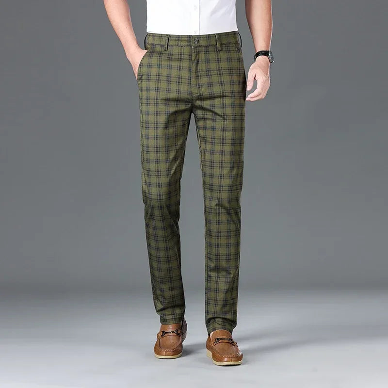 Summer Men’s Slim Checkered Pants, Stretch Straight Business Casual Trousers