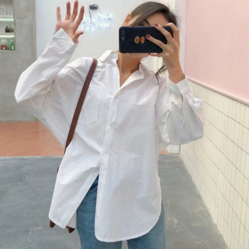Women’s White Long Sleeve Blouse – Loose Fit Vintage Casual Shirt