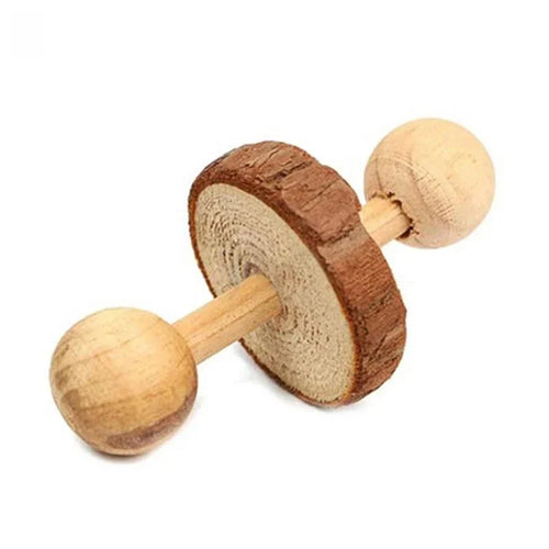 Wooden Rabbit Toy – Rolling Dumbbell with Bell for Chewing & Play