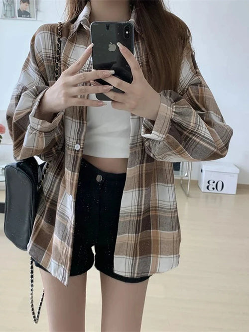 Women’s Plaid Button-Up Shirt – Long Sleeve Casual Vintage Style Top