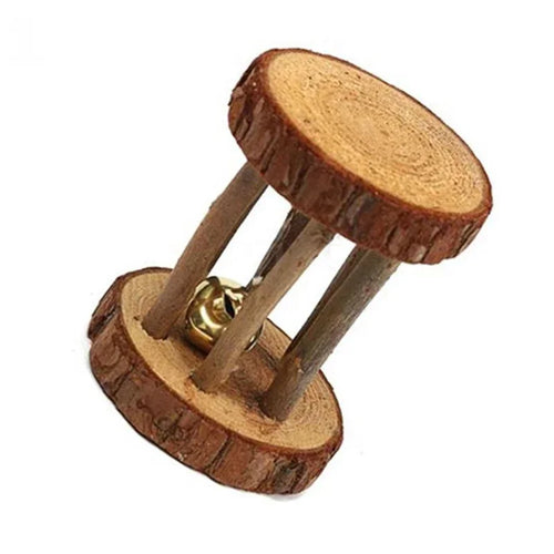 Wooden Rabbit Toy – Rolling Dumbbell with Bell for Chewing & Play