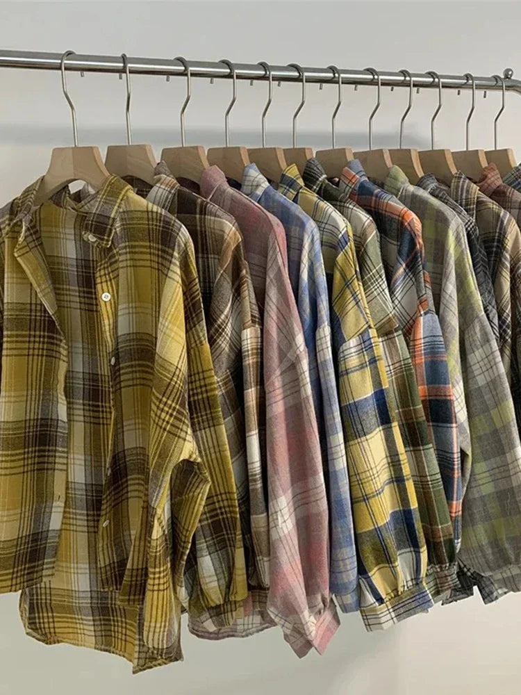 Women’s Plaid Button-Up Shirt – Long Sleeve Casual Vintage Style Top