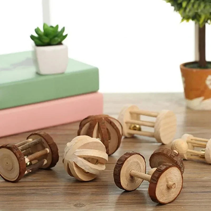 Wooden Rabbit Toy – Rolling Dumbbell with Bell for Chewing & Play