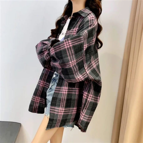 Women’s Plaid Button-Up Shirt – Long Sleeve Casual Vintage Style Top