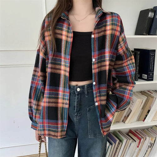 Women’s Plaid Button-Up Shirt – Long Sleeve Casual Vintage Style Top