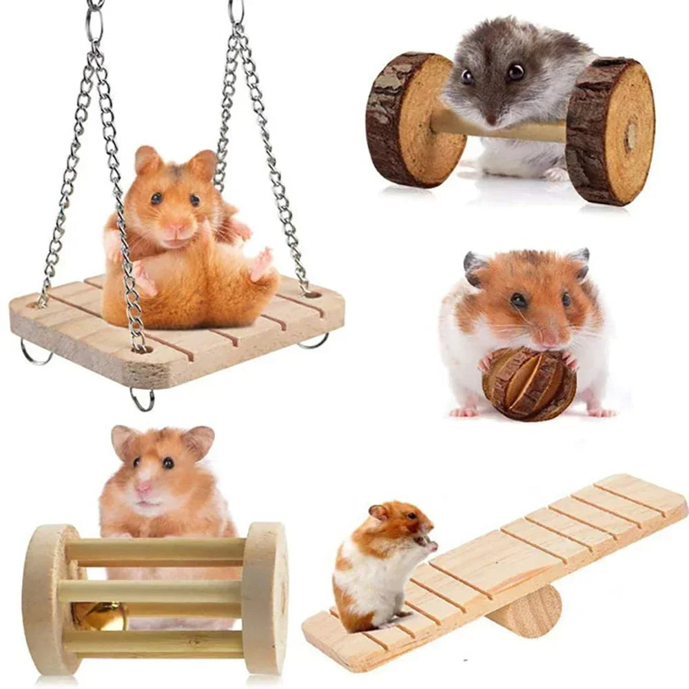Wooden Rabbit Toy – Rolling Dumbbell with Bell for Chewing & Play