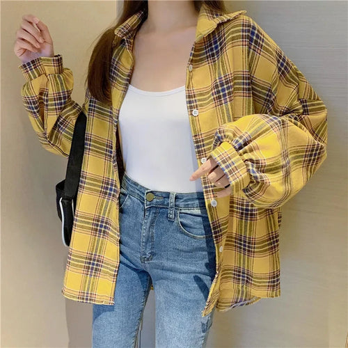 Women’s Plaid Button-Up Shirt – Long Sleeve Casual Vintage Style Top