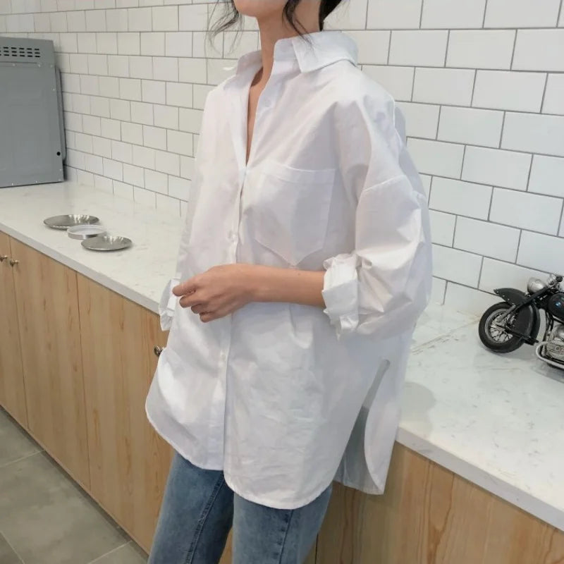 Women’s White Long Sleeve Blouse – Loose Fit Vintage Casual Shirt