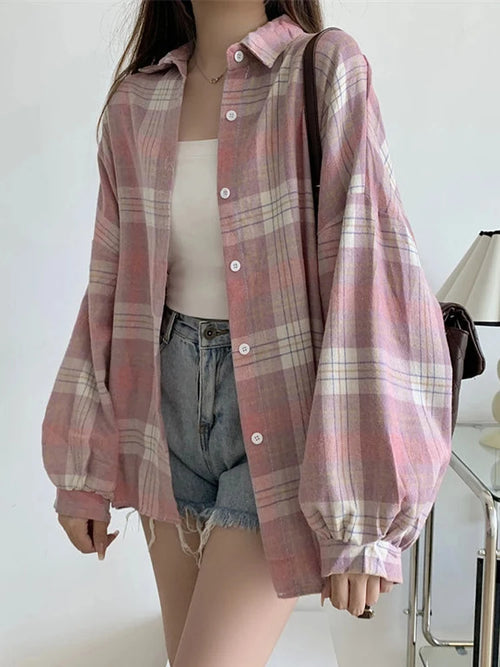 Women’s Plaid Button-Up Shirt – Long Sleeve Casual Vintage Style Top