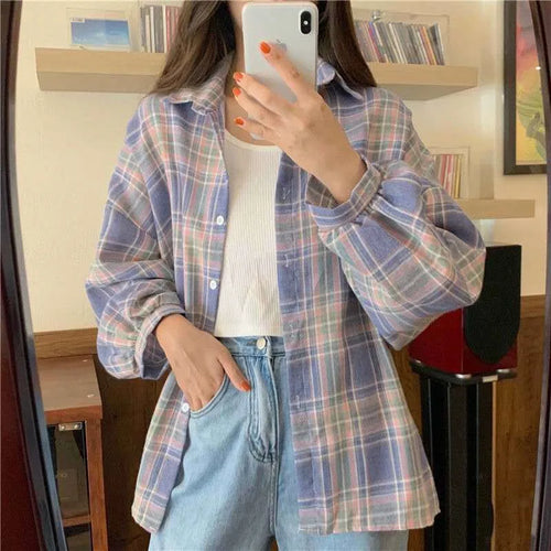 Women’s Plaid Button-Up Shirt – Long Sleeve Casual Vintage Style Top