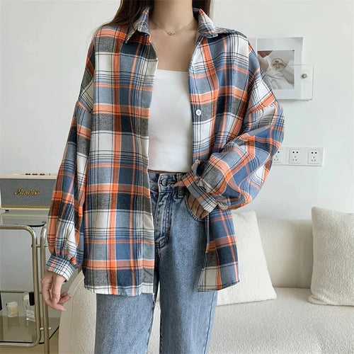 Women’s Plaid Button-Up Shirt – Long Sleeve Casual Vintage Style Top