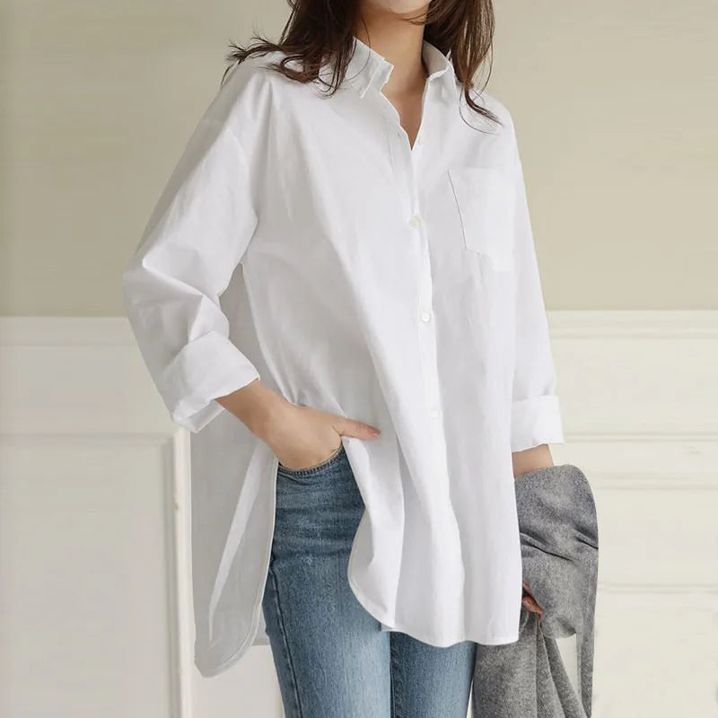 Women’s White Long Sleeve Blouse – Loose Fit Vintage Casual Shirt
