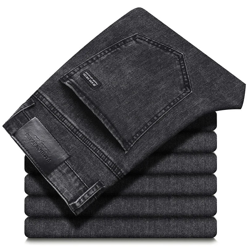 Men’s Classic Straight Jeans, Stretch Mid-Waist Denim, Smoke Gray or Black