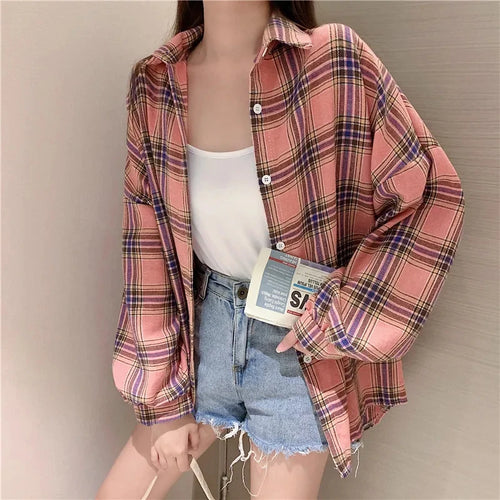 Women’s Plaid Button-Up Shirt – Long Sleeve Casual Vintage Style Top