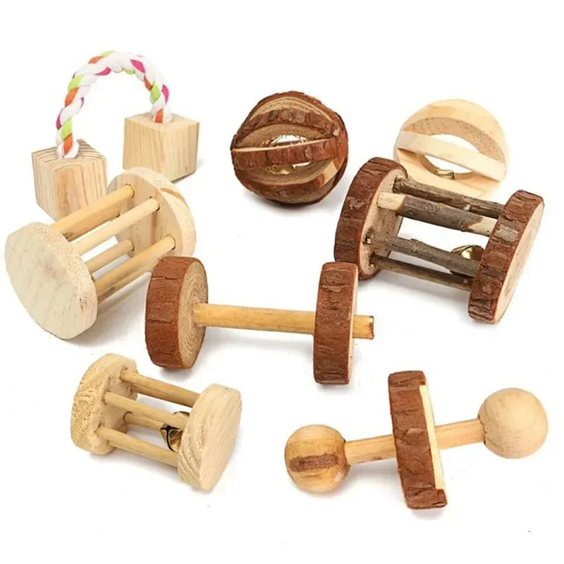 Wooden Rabbit Toy – Rolling Dumbbell with Bell for Chewing & Play