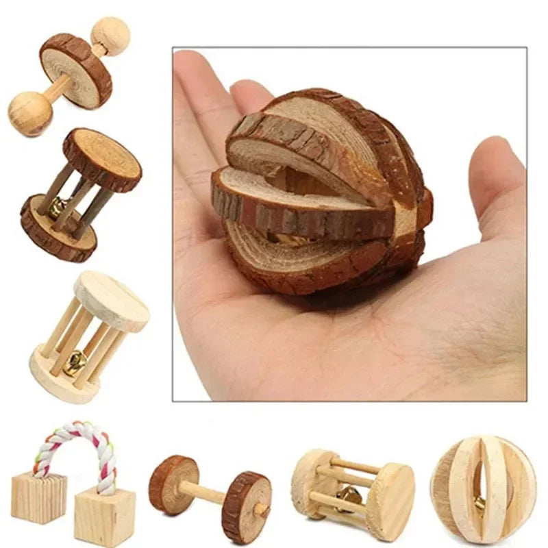 Wooden Rabbit Toy – Rolling Dumbbell with Bell for Chewing & Play