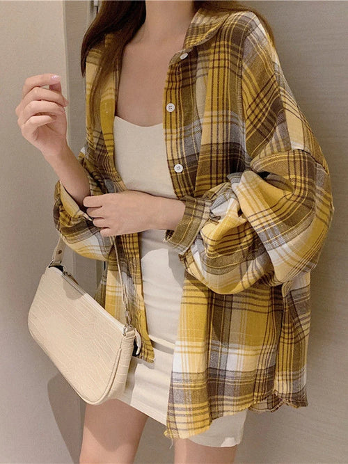 Women’s Plaid Button-Up Shirt – Long Sleeve Casual Vintage Style Top