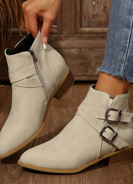 Fashionable Chunky-Heel Leather Belt-Clasp Side-Zip Ankle Boots
