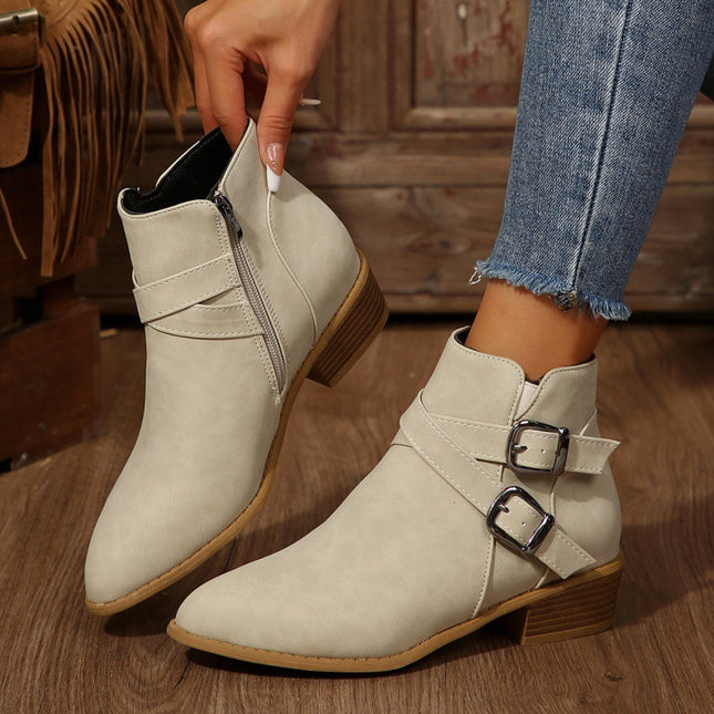 Fashionable Chunky-Heel Leather Belt-Clasp Side-Zip Ankle Boots
