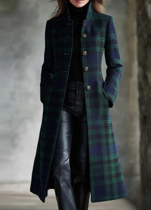Womens Single-Breasted Plaid Long-Sleeve Long Cardigan Coat