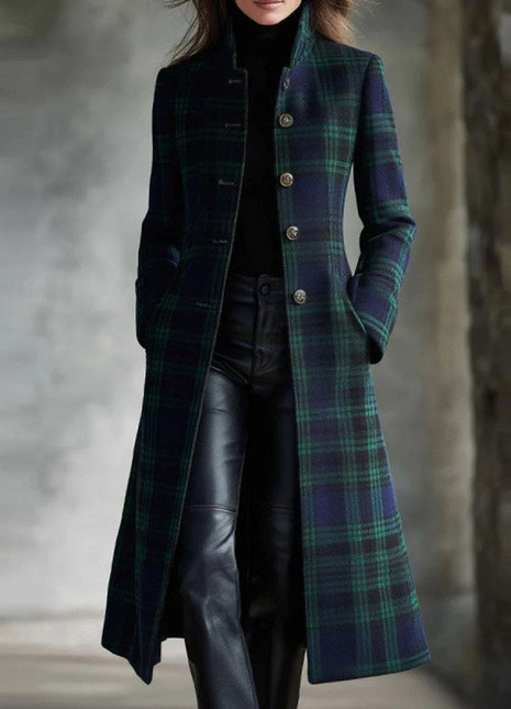 Womens Single-Breasted Plaid Long-Sleeve Long Cardigan Coat
