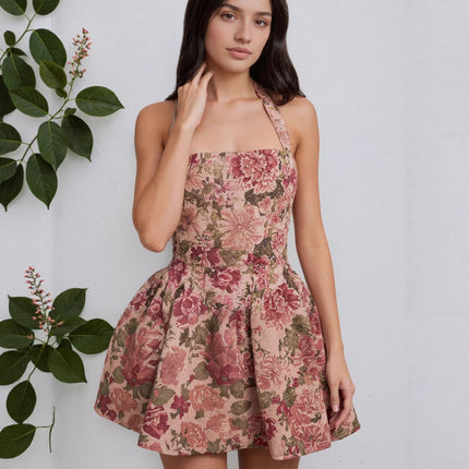 Strapless Cinched Waist Floral Mini Backless Dress
