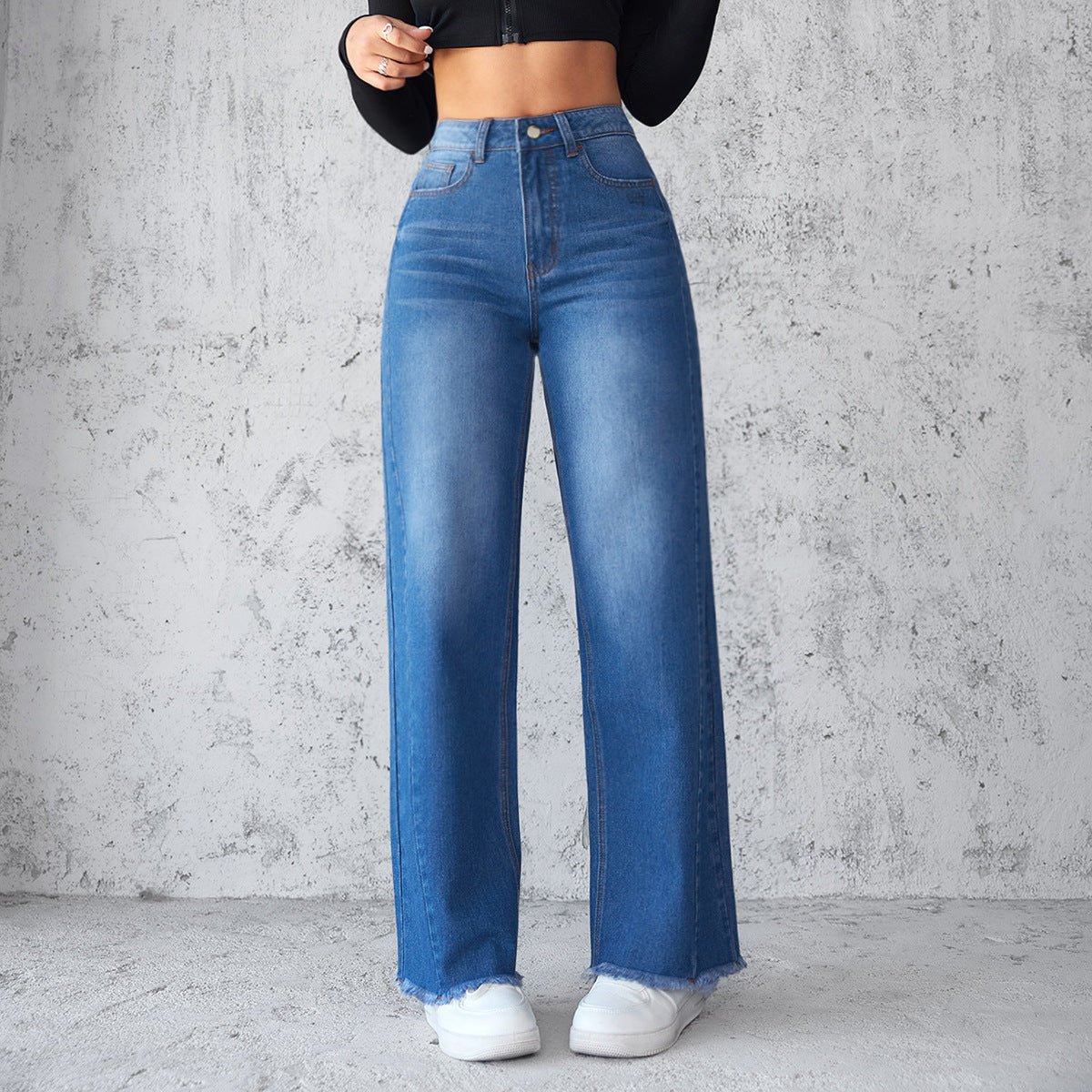 Fashion Straight Wide-leg Jeans Casual High-waist Non-elastic Womens