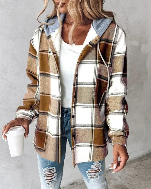 Plaid Hooded Jacket Fashion Casual Button Pocket Coat Autumn and Winter