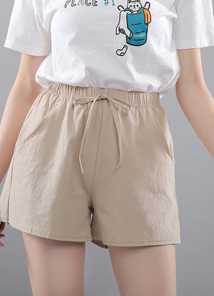 Washed Cotton Solid Color Shorts Women's Wear Loose Tight Waist Casual