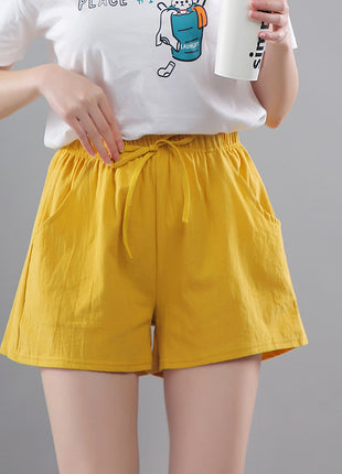 Washed Cotton Solid Color Shorts Women's Wear Loose Tight Waist Casual
