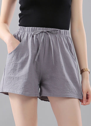Washed Cotton Solid Color Shorts Women's Wear Loose Tight Waist Casual