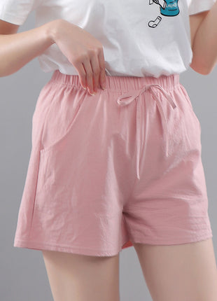Washed Cotton Solid Color Shorts Women's Wear Loose Tight Waist Casual
