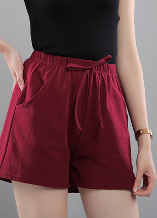Washed Cotton Solid Color Shorts Women's Wear Loose Tight Waist Casual