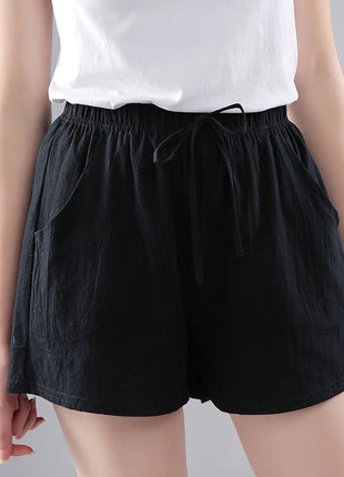 Washed Cotton Solid Color Shorts Women's Wear Loose Tight Waist Casual