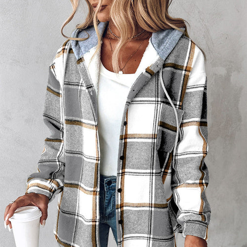 Plaid Hooded Jacket Fashion Casual Button Pocket Coat Autumn and Winter