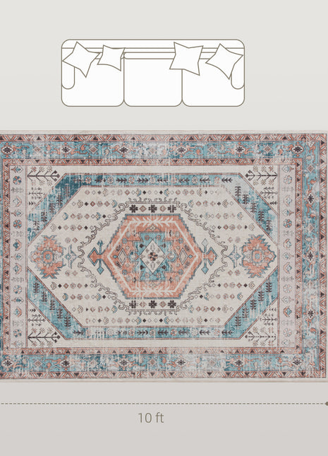 8x10 Area Rug, Vintage Machine Washable Rug, Non-Slip Floor Carpet for Living Room, Bedroom, Dining Room, Brown and Blue
